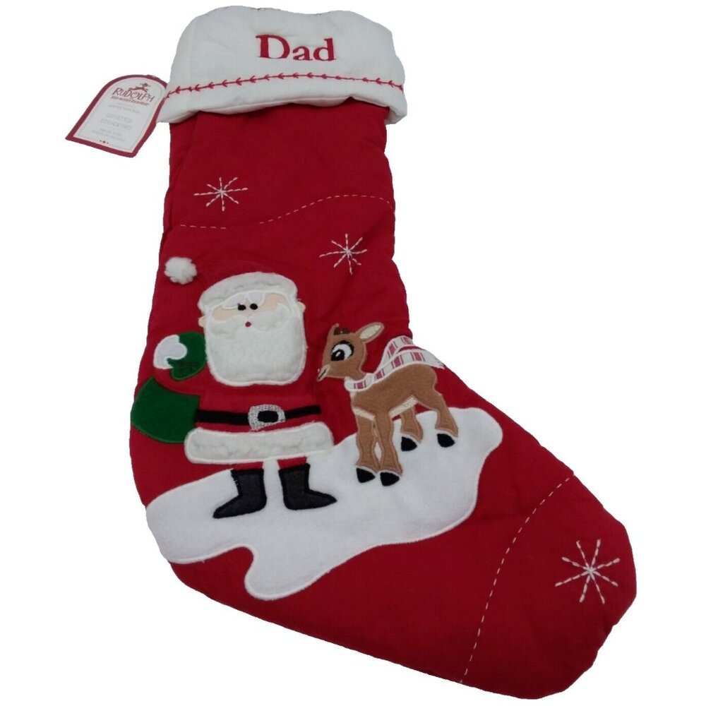 Pottery Barn Kids Dad Stocking Santa & Rudolph Holiday Christmas Quilted Red